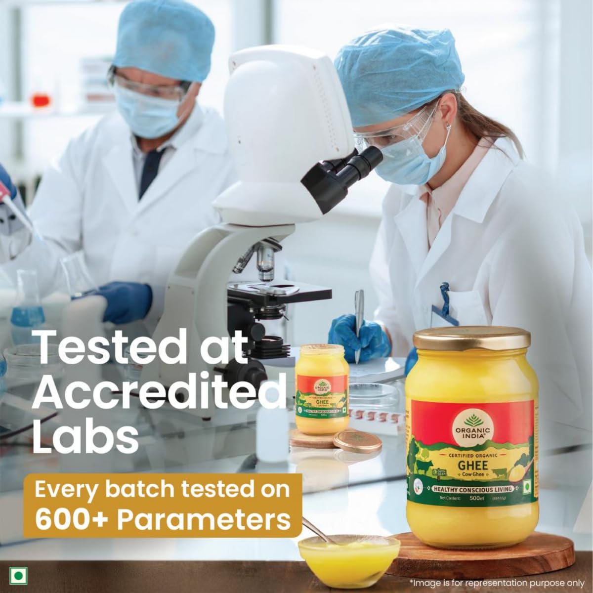 A TATA Product - Organic India Pure Cow Ghee, 500ml, Lab Tested on 600+ Parameters, Certified Organic, Glass Bottle, Sourced from Organically Fed Cows, Authentic Taste, Rich in Healthy Fat