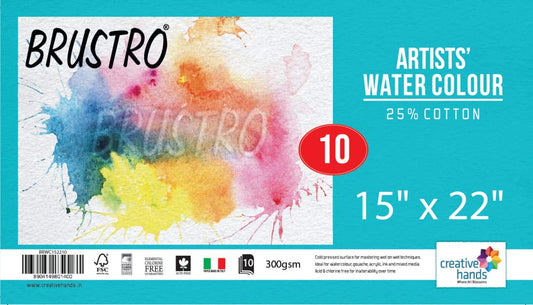 Brustro Artists Watercolour Paper, 25% Cotton, 300 GSM, Cold Pressed, Size - 15" x 22" (Inches), Pack of 10 Sheets