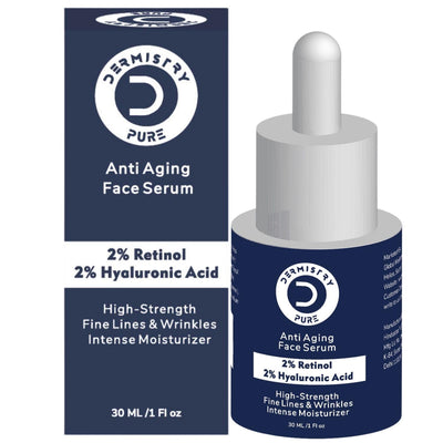 Dermistry Pure 2% Retinol 2% Hyaluronic Acid High Strength Anti Aging Ageing Face Serum Removes Fine Lines & Wrinkles Skin Deep Hydration Intense Moisturizer 30ml