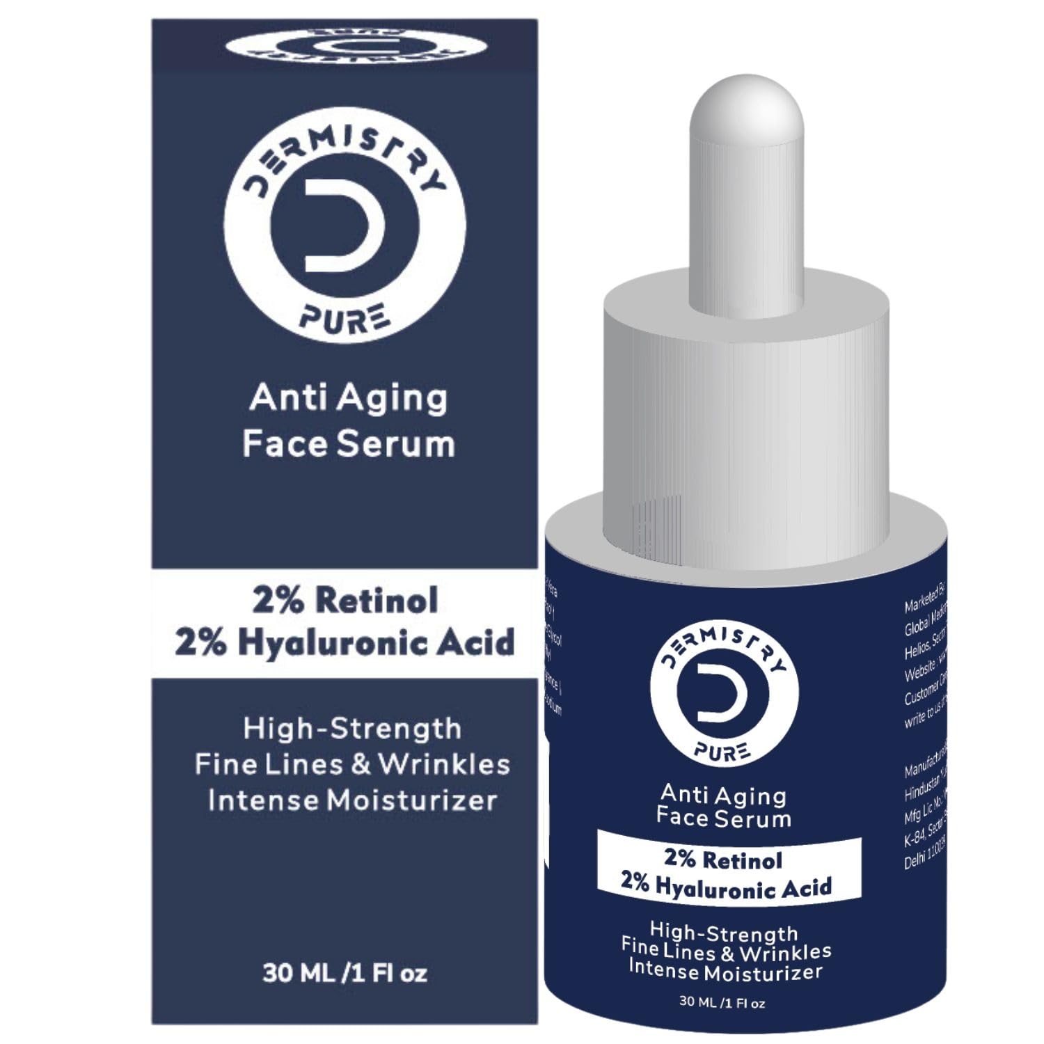 Dermistry Pure 2% Retinol 2% Hyaluronic Acid High Strength Anti Aging Ageing Face Serum Removes Fine Lines & Wrinkles Skin Deep Hydration Intense Moisturizer 30ml