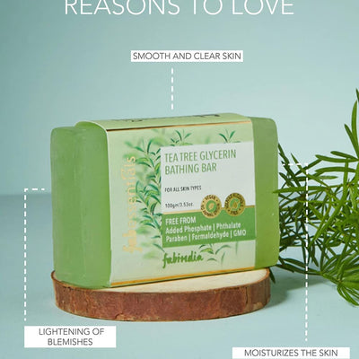 8x Fabessentials Tea Tree Glycerin Bathing Bar | with Natural Bioactives | Cleansing, Refreshing and Nourishing | Vegan & Toxin Free - 100 gm Pack of 8