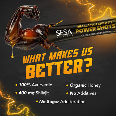 Sesa Himalayan Shilajit Power Shots | 30 Sticks | 400mg Pure Shilajit with Organic Honey | Lab Certified, 70%+ Fulvic Acid | Boosts Energy, Stamina & Immunity | 100% Ayurvedic | No Sugar Adulteration & Additives