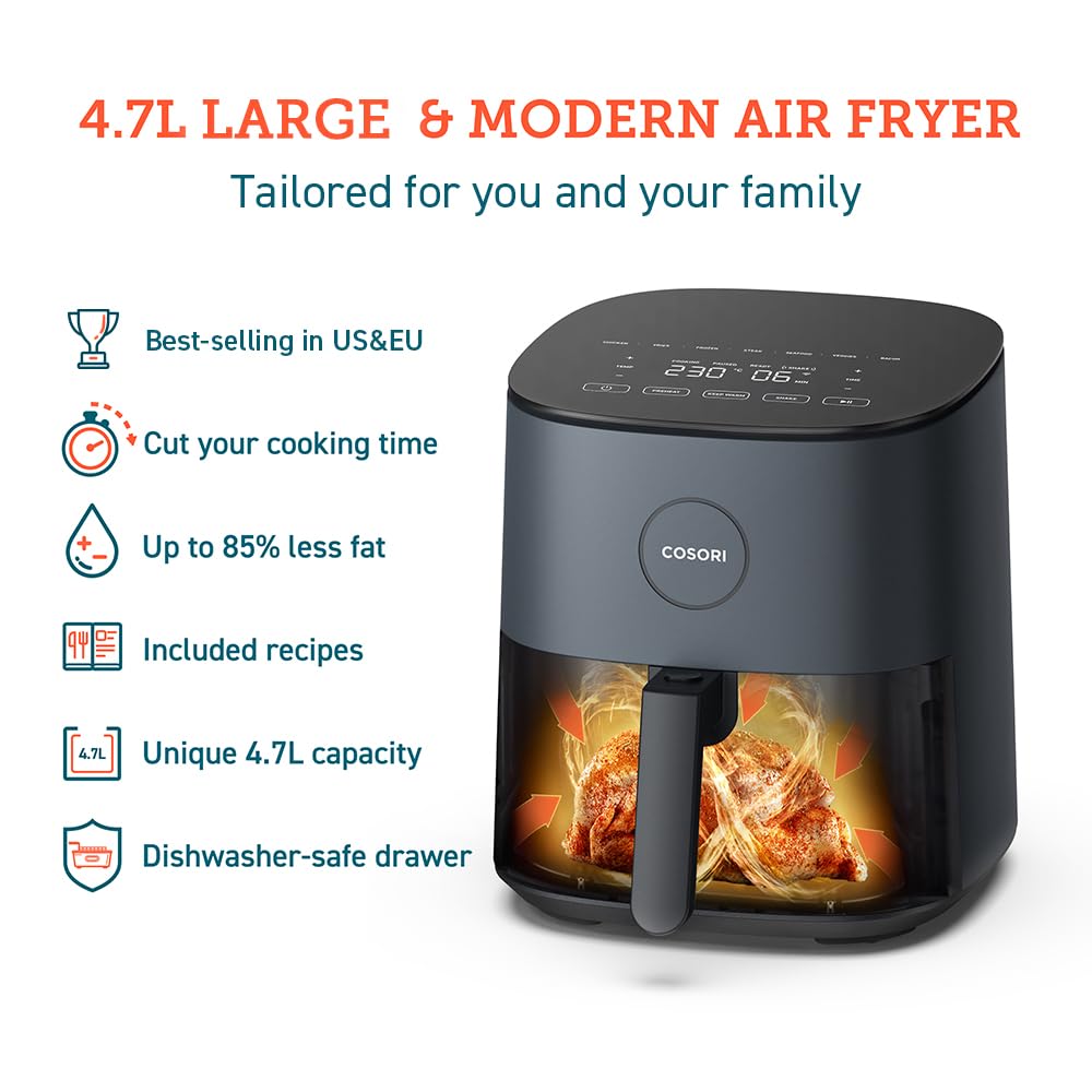 COSORI Air Fryer for home 4.7L, 9-in-1 Kitchen Oven Appliances, 30 Recipes Cookbook, Digital Tempered Glass Display, Max 230℃ Setting, Quiet, 4 Portions, 1500W, L501 Grey