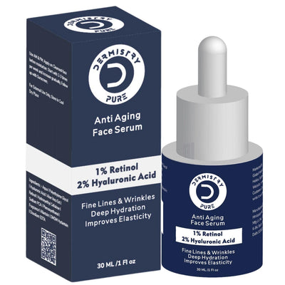 Dermistry Pure 1% Retinol 2% Hyaluronic Acid Anti Aging Skin Firming Tightening Moisturizer Face Serum Removes Ageing Fine Lines Wrinkles Deep Hydration Collagen Boost Improves Elasticity 30ml