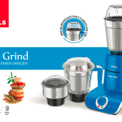 Havells Maxx Grind 750 watt Mixer Grinder with 3 Wider Mouth Stainless Steel Jar, Hands Free Operation, SS-304 Grade Blade, Overload Indicator & 5 Year Motor Warranty (Blue).