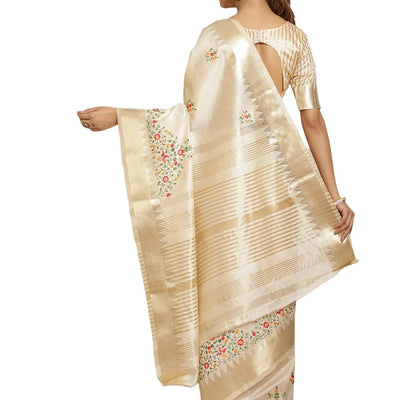 arriva fab Women's Kasavu Cotton Blend Saree With Blouse Piece (Riva1698__White)