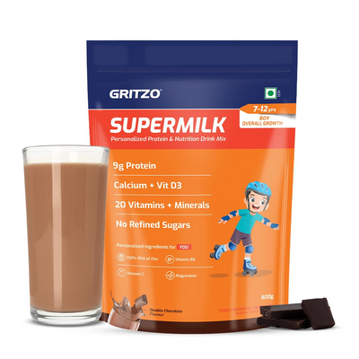 Gritzo SuperMilk Overall Growth (7-12y Boys), 9g Protein (Double Chocolate, Zero Refined Sugar, 20 Vitamins & Minerals
