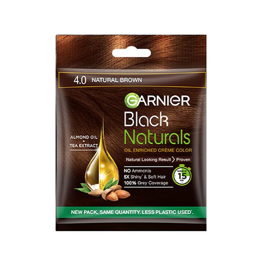 Garnier, Hair Colouring Crème, 100% Grey Coverage, Softening and Increased Shine, Black Naturals, 4.0 Natural Brown, 20g + 20ml