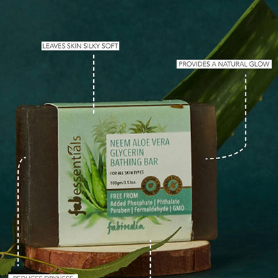 8x Fabessentials Neem Aloe Vera Glycerin Bathing Bar | with Natural Bioactives | for Cleansing, Nourishing and Refreshing Skin | Vegan & Toxin Free - 100 gm Pack of 8