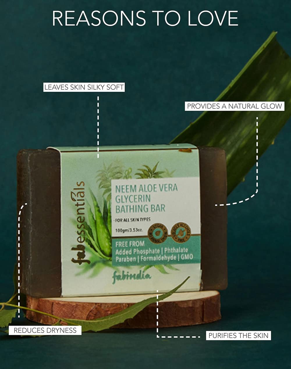 8x Fabessentials Neem Aloe Vera Glycerin Bathing Bar | with Natural Bioactives | for Cleansing, Nourishing and Refreshing Skin | Vegan & Toxin Free - 100 gm Pack of 8