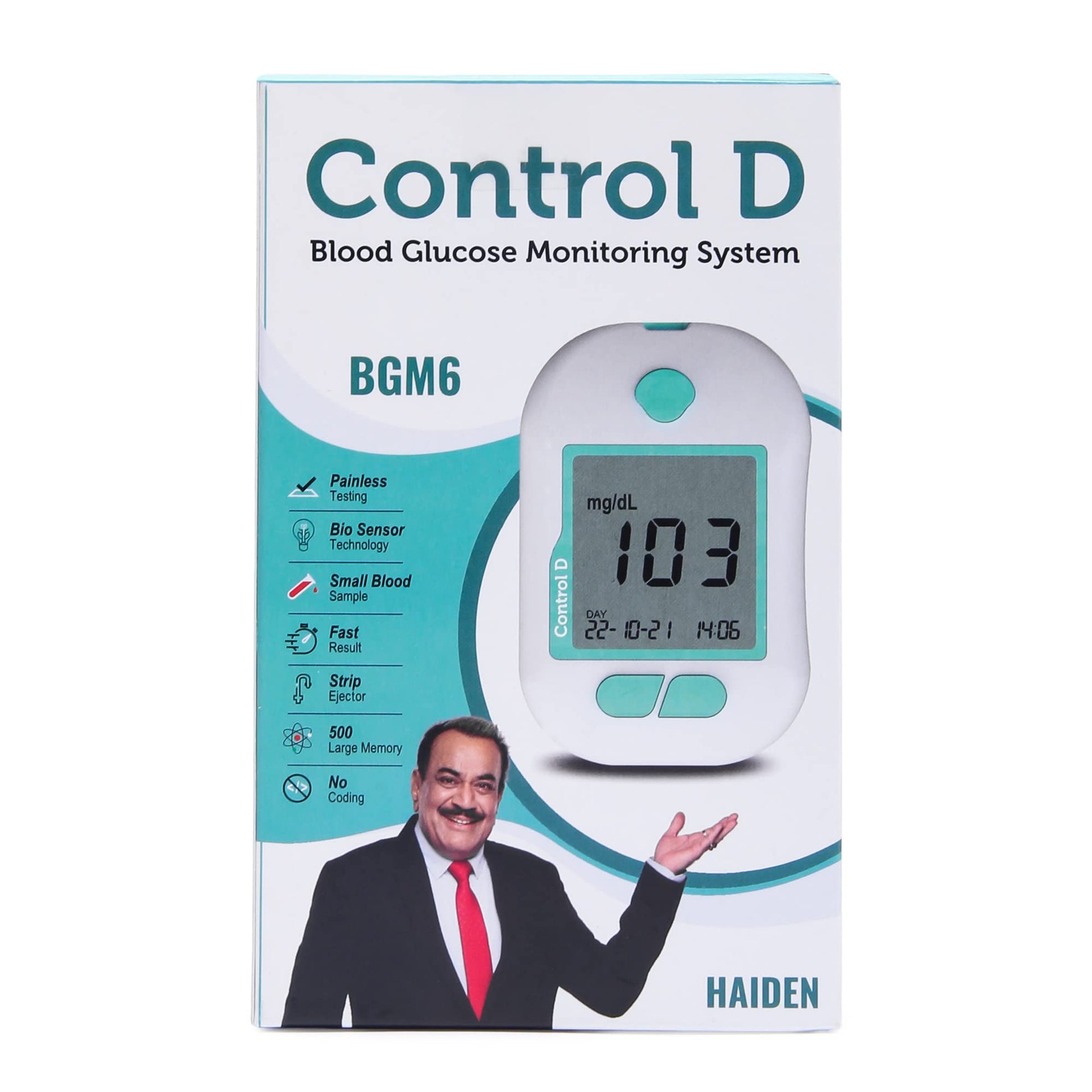 Control D Advanced Digital Diabetes Glucose Blood Sugar Testing Monitor with 5 Strips Glucometer (White, Green)