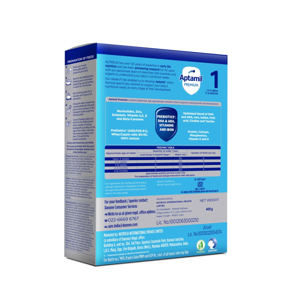 Aptamil Premium Infant Formula Milk Powder for Babies - Stage 1 (Upto 6 Months) - with Prebiotics and DHA - 400gms - BIB Pack