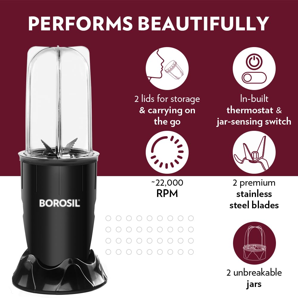 Borosil NutriFresh Portable Mini-Blender & Grinder, 500 ml Blending Jar, 300 ml Chutney Jar, For Blending Smoothies & Chutneys, Dry Grinding Spices, Black, 400 W
