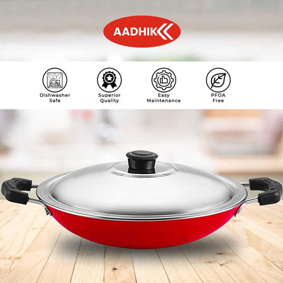 AADHIK Non-Stick Appa Chetty, Aluminium Appachatty, 23cm Diameter, 2.6mm Appachatti, Gas Compatible, Red