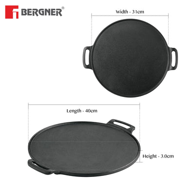 Bergner Eco Cast Iron 30cm Dosa Tawa, Pre-Seasoned, Large Loha Tawa for Dosa, Even Heat Distributor, Retains Heat to Enhance Flavor, Comes with Silicone Sleeve - Induction Base and Gas Stove Ready