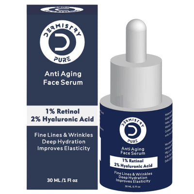 Dermistry Pure 1% Retinol 2% Hyaluronic Acid Anti Aging Skin Firming Tightening Moisturizer Face Serum Removes Ageing Fine Lines Wrinkles Deep Hydration Collagen Boost Improves Elasticity 30ml
