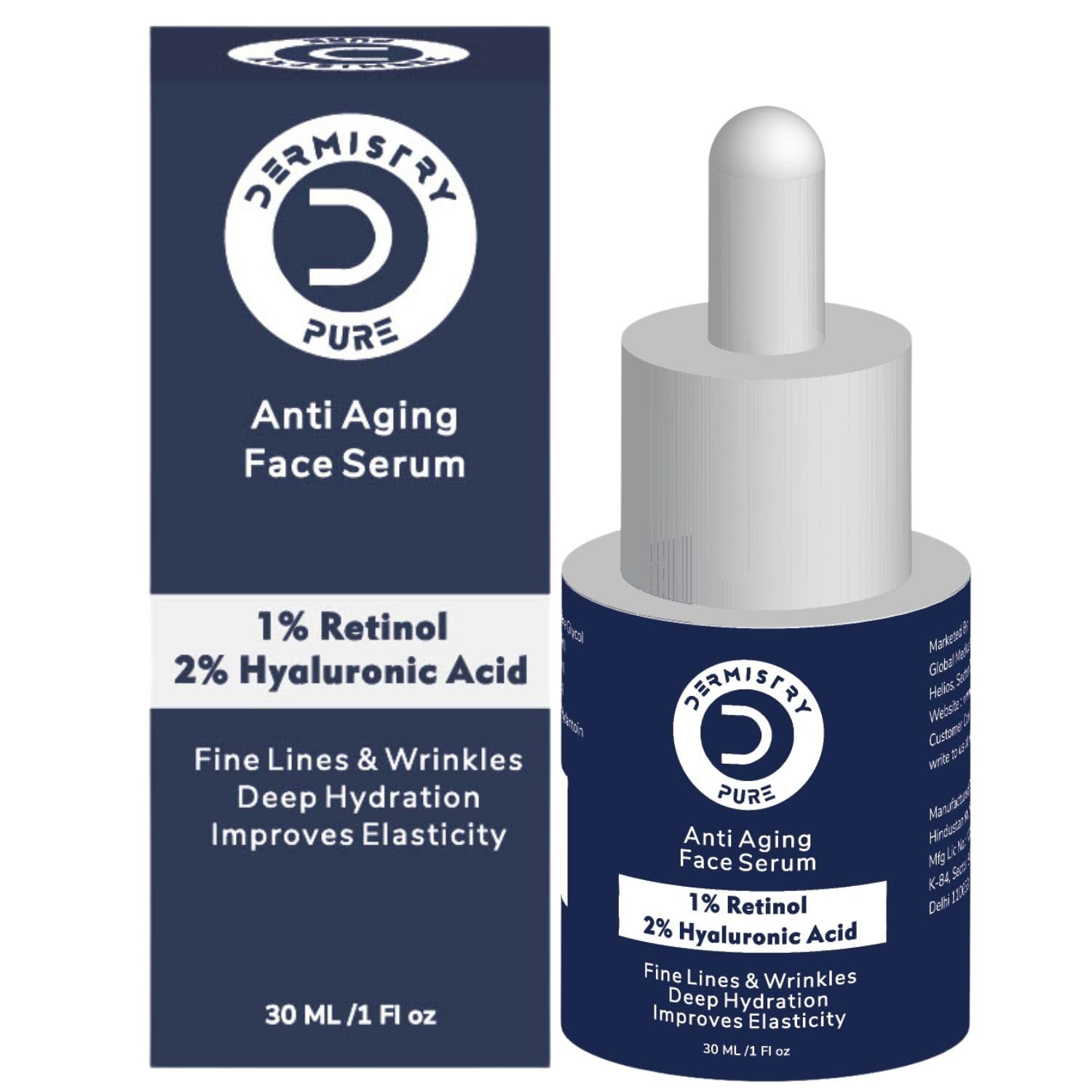 Dermistry Pure 1% Retinol 2% Hyaluronic Acid Anti Aging Skin Firming Tightening Moisturizer Face Serum Removes Ageing Fine Lines Wrinkles Deep Hydration Collagen Boost Improves Elasticity 30ml