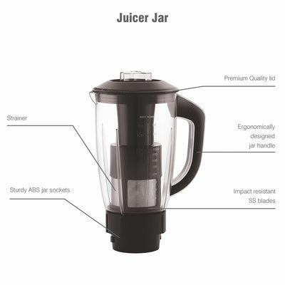 Cello Kitchenette Collection Levanate Pro Plus Mixer Grinder with 3 Jars & 1 Juicer | 500 Watts | 3X Speed Control | Set of 4 | Black