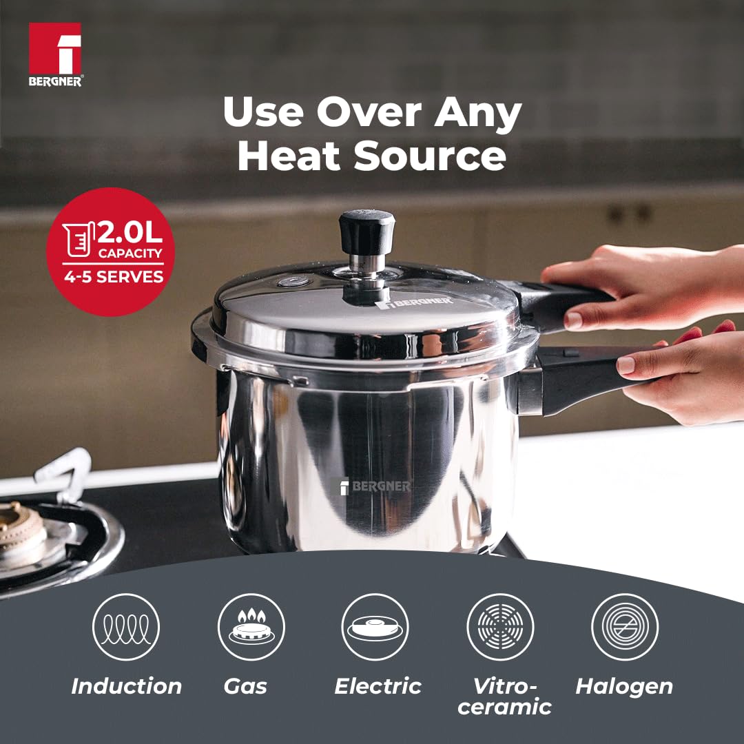 Bergner Sorrento Stainless Steel 2 Litres Outer Lid Pressure Cooker, 2 L Cooker with Outer Lid and Triply Base, Heavy Bottom, Easy Open and Close, Healthy Cooking, Induction Bottom and Gas Stove Ready