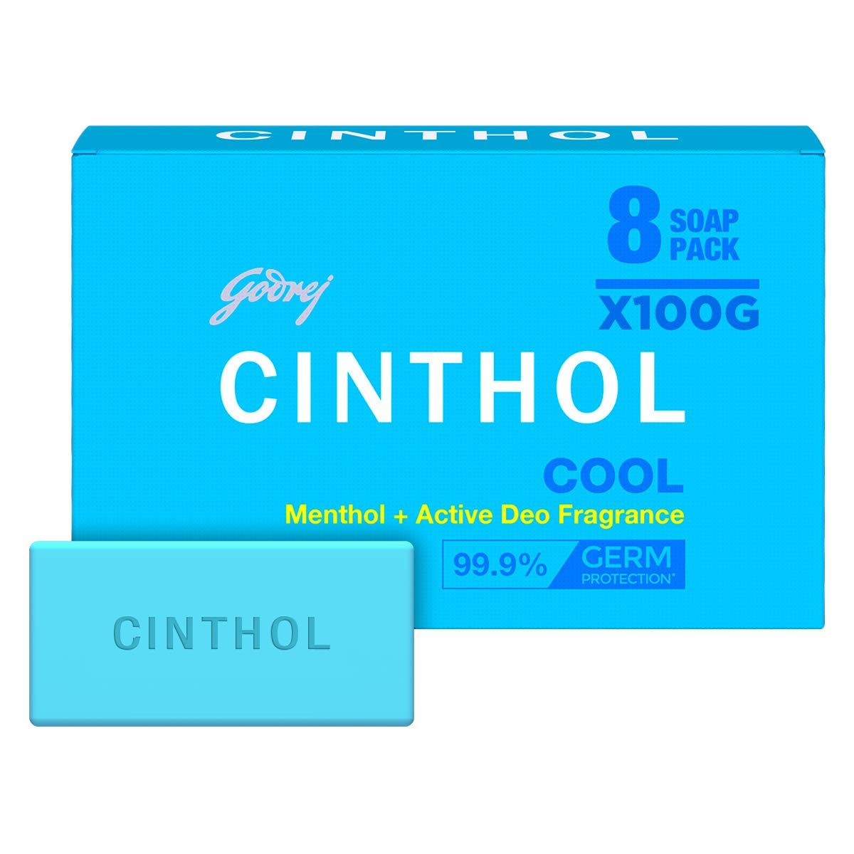8x Cinthol Cool Bathing Soap - With Menthol & Active Deo Fragrance, Provides Germ Protection, 100 g - Pack of 8