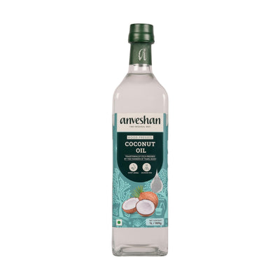 Anveshan Wood Pressed Coconut Oil - 1 Litre | Glass Bottle | Kolhu/Kacchi Ghani/Chekku | Natural | Chemical-Free | Coconut Oil for baby massage | Cold Pressed Coconut Oil for Cooking.