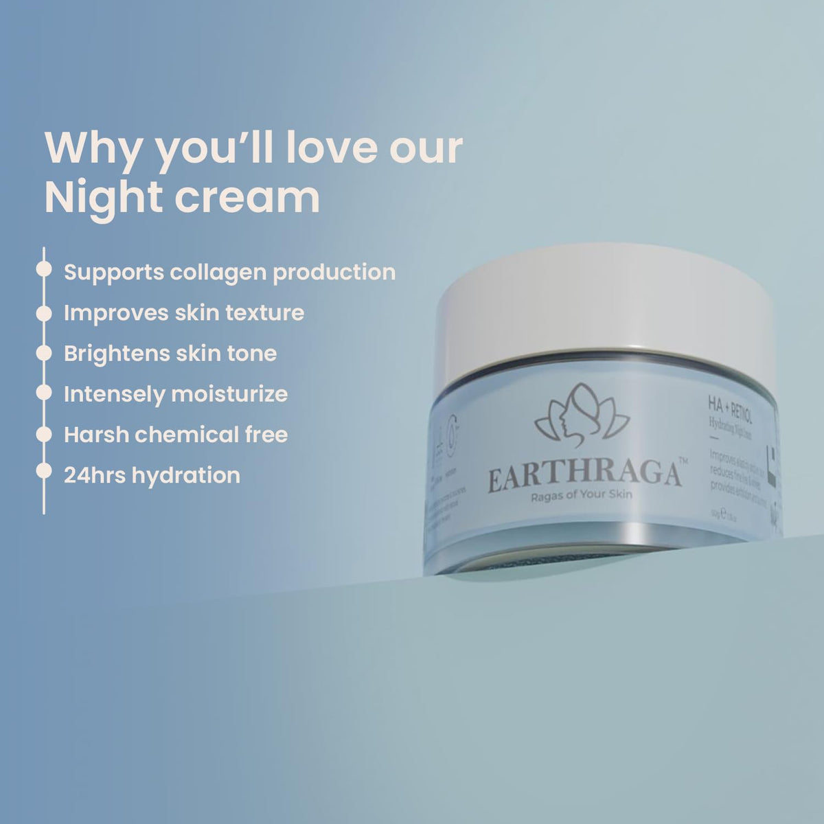 EARTHRAGA Anti Ageing & Skin Brightening HA+Retinol Night Cream with Niacinamide and Aquaxyl 50 gm | Locks Moisture In Skin | Reduces Pores | Evens Skin-Tone