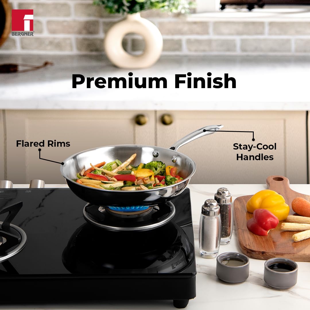 BERGNER Argent TriPly 20 cm Frypan/Steel Pan, Scratch Resistant, for Spice Tempering/Seasoning, Stay Cool Long Handle, Mirror Finish, Induction Ready, 5-Year Warranty by Bergner