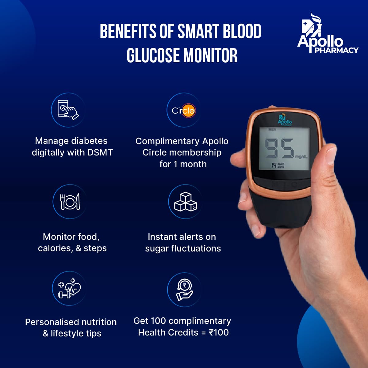 (New Launch) Apollo Smart Glucometer With Complimentary 25 Strips + App, Bluetooth Enabled, Access to Diabetes Self Management Tool with Doctor Chat Assist Plan, Complimentary Apollo Circle membership, Complimentary 100 Health Credits, Lifetime Warranty,