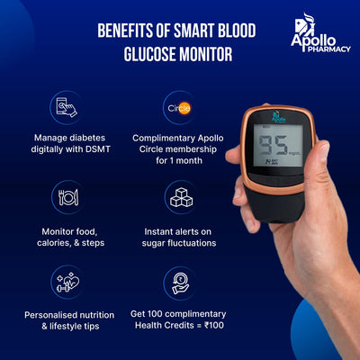 (New Launch) Apollo Smart Glucometer With Complimentary 25 Strips + App, Bluetooth Enabled, Access to Diabetes Self Management Tool with Doctor Chat Assist Plan, Complimentary Apollo Circle membership, Complimentary 100 Health Credits, Lifetime Warranty,