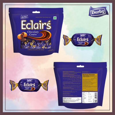 Derby Caramel Eclair Standy Pouch | 450 Grams | Chocolaty Center Filled Caramel Eclair | Easy To Store Pack | (2)