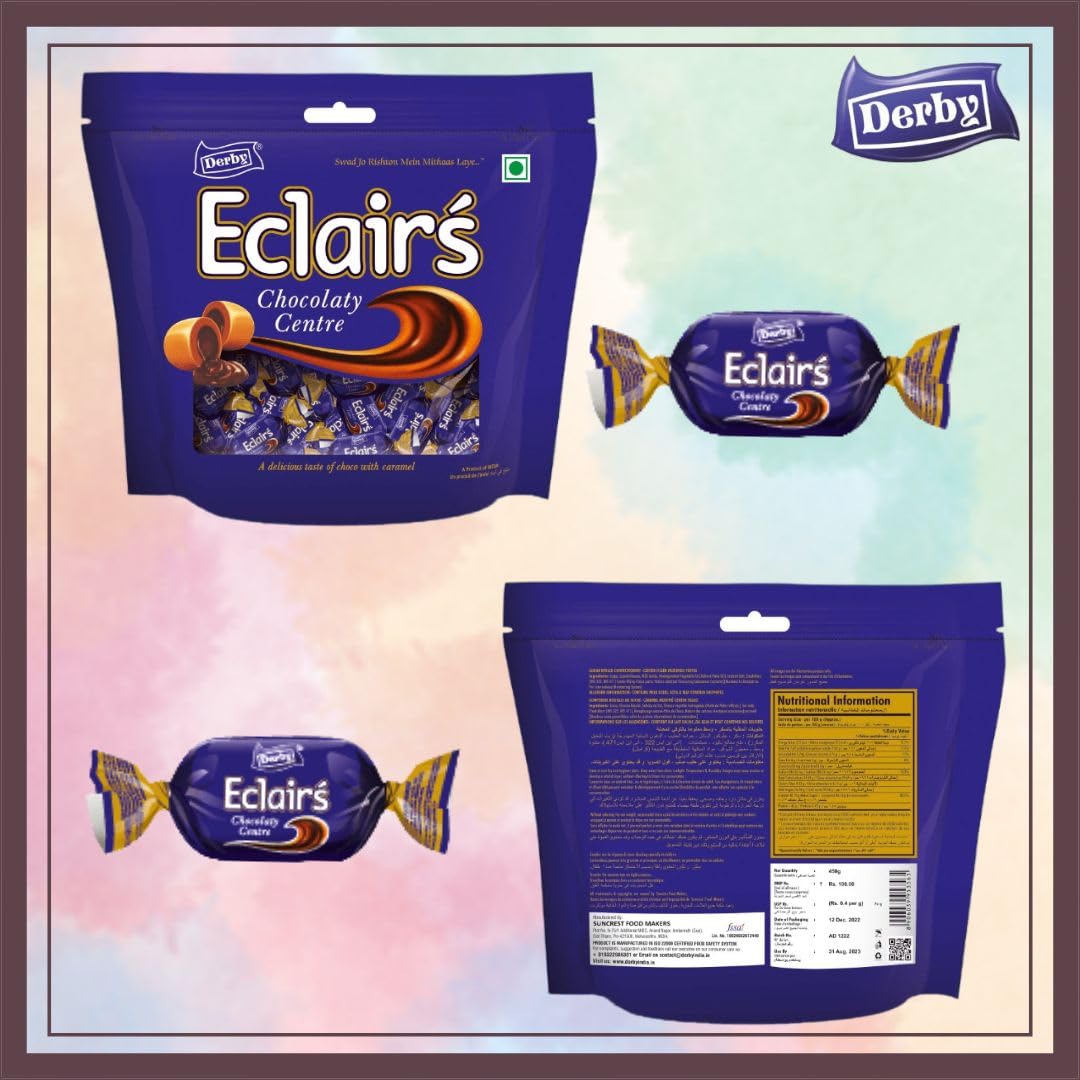 Derby Caramel Eclair Standy Pouch | 450 Grams | Chocolaty Center Filled Caramel Eclair | Easy To Store Pack | (2)