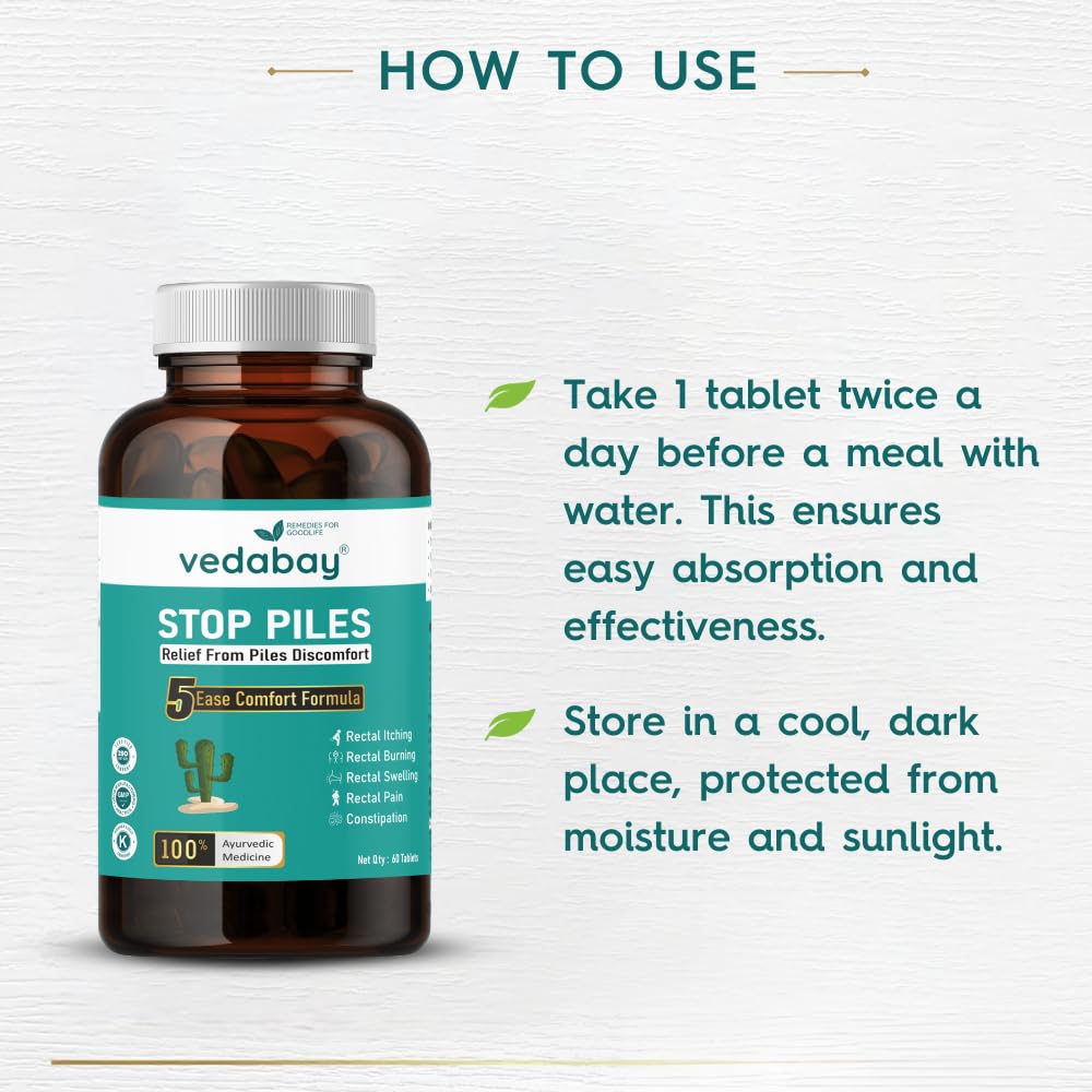 Vedabay Piles Care Tablets, Comprehensive Solution for Hemorrhoids and Fissures, 60 Tablets