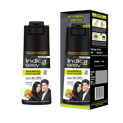 4x Indica Easy Hair Color Shampoo- Natural Black for Women and Men| Pump pack with Herbal Extracts |Grey Coverage in 10mins | Ammonia Free | 180ml each (Pack of 4)