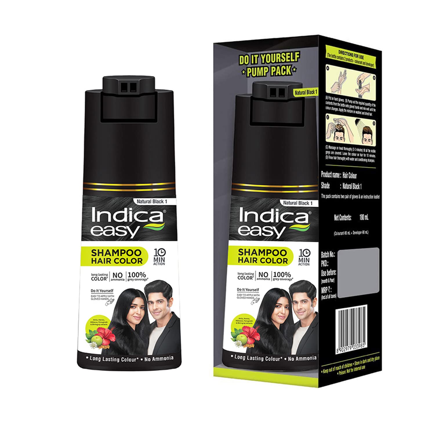 4x Indica Easy Hair Color Shampoo- Natural Black for Women and Men| Pump pack with Herbal Extracts |Grey Coverage in 10mins | Ammonia Free | 180ml each (Pack of 4)
