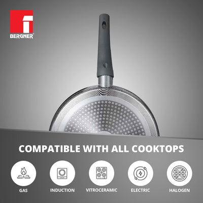Bergner Orion NonStick 26 cm Tawa/ Dosa Pan, 100% Recyclable, For Low Oil Paratha/Dosa/Uttapam/Pancake/ Crepe/Eggs/Toasts, Textured Soft Touch Handle, Granite Finish, Induction & Gas ready, 1-Year Warranty