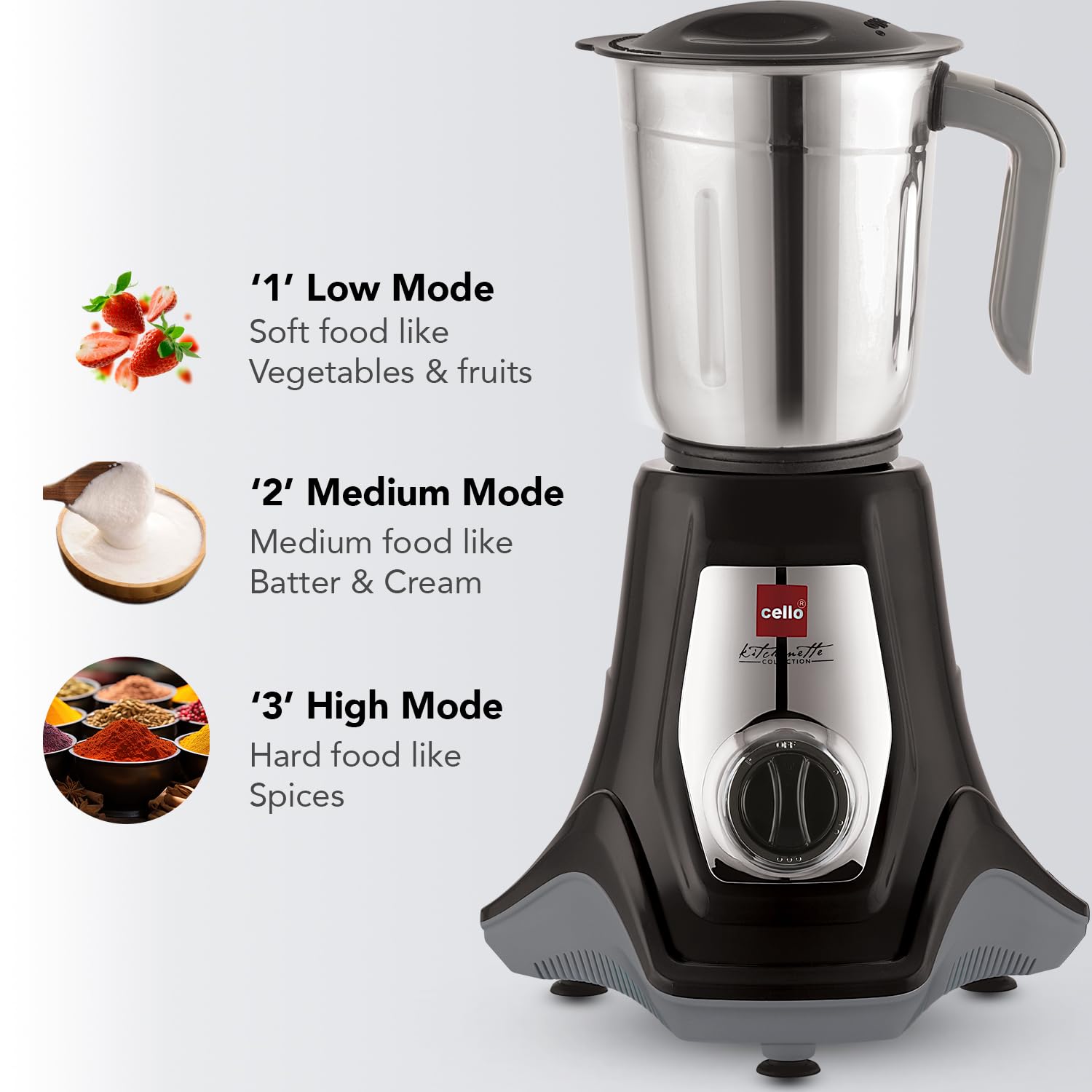 Cello Hercules Mixer Grinder 750W, Black- 2 Year Warranty (Wet Jar with Lid- 1.2 L; Dry Jar with Lid- 1L; Chutney Jar with Lid- 500ml; Juicer Jar Capacity- 1500ml; Spatula)