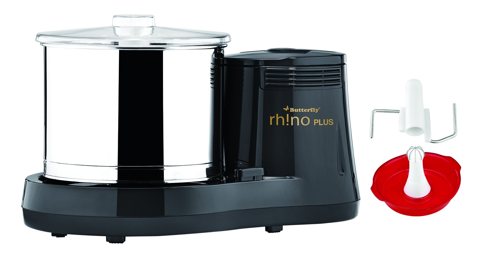 Butterfly Rhino Plus 2 Litres Table-Top Wet Grinder | 150 Watts | Shockproof ABS Body | Coconut Scrapper Attachment | Dough Kneader | Stainless Steel Drum | 2 Years Manufacturer's Warranty | Grey