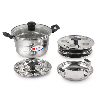 Cello Aroma Stainless Steel Idli Pot with Glass Lid with Multiple Plates 22cm, Silver, 3.5 liter | Compatible With Gas Stove & Induction | Ideal For Dhokla, Patra, Idli, and Momos