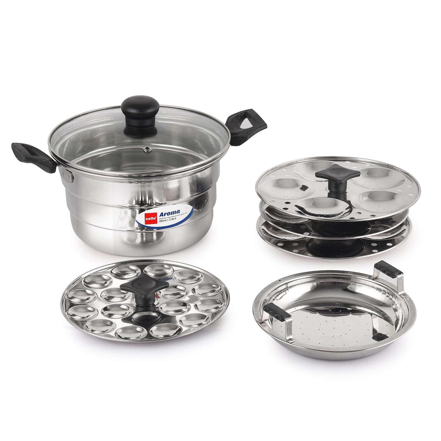 Cello Aroma Stainless Steel Idli Pot with Glass Lid with Multiple Plates 22cm, Silver, 3.5 liter | Compatible With Gas Stove & Induction | Ideal For Dhokla, Patra, Idli, and Momos
