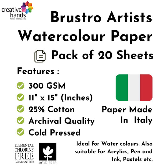Brustro Artists Watercolour Paper, 25% Cotton, 300 GSM, Cold Pressed, Size - 11" x 15" (Inches), Pack of 20 Sheets