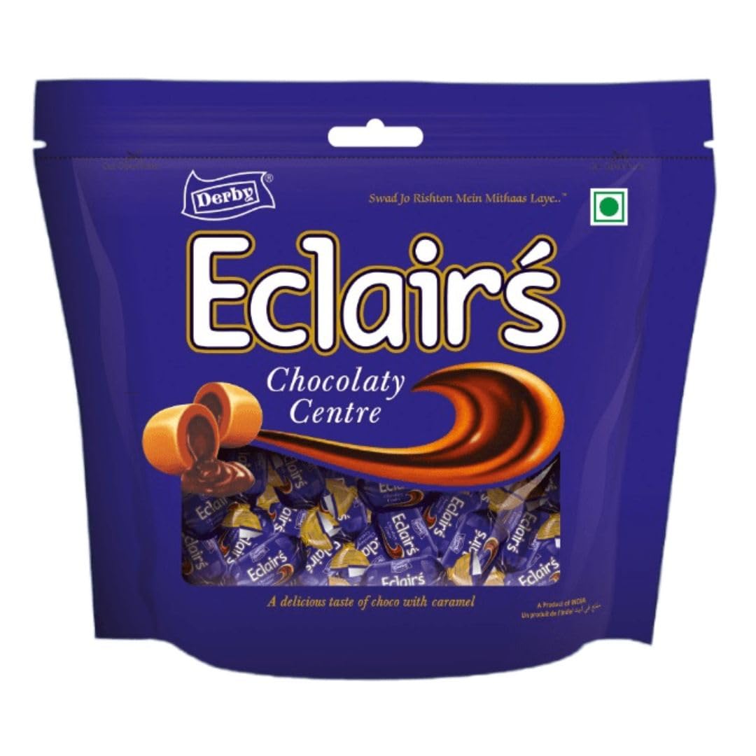 Derby Caramel Eclair Standy Pouch | 450 Grams | Chocolaty Center Filled Caramel Eclair | Easy To Store Pack | (2)
