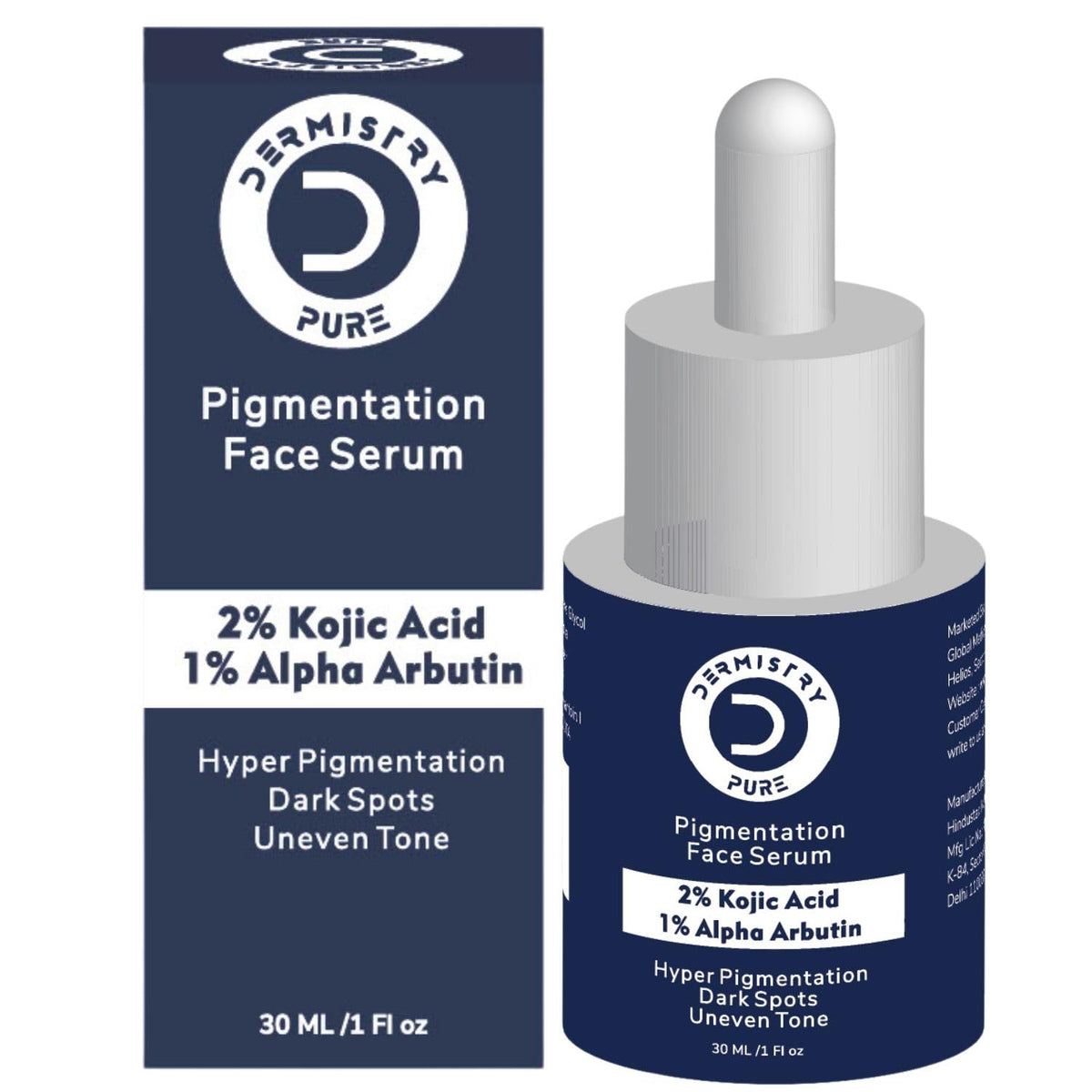 Dermistry Pure 2% Kojic Acid 1% Alpha Arbutin Skin Glowing Lightening Fairness Face Serum Removes Uneven Tone Dark Spots Pigmentation Tan & Dull Skin Suits All Skin Types 30ml