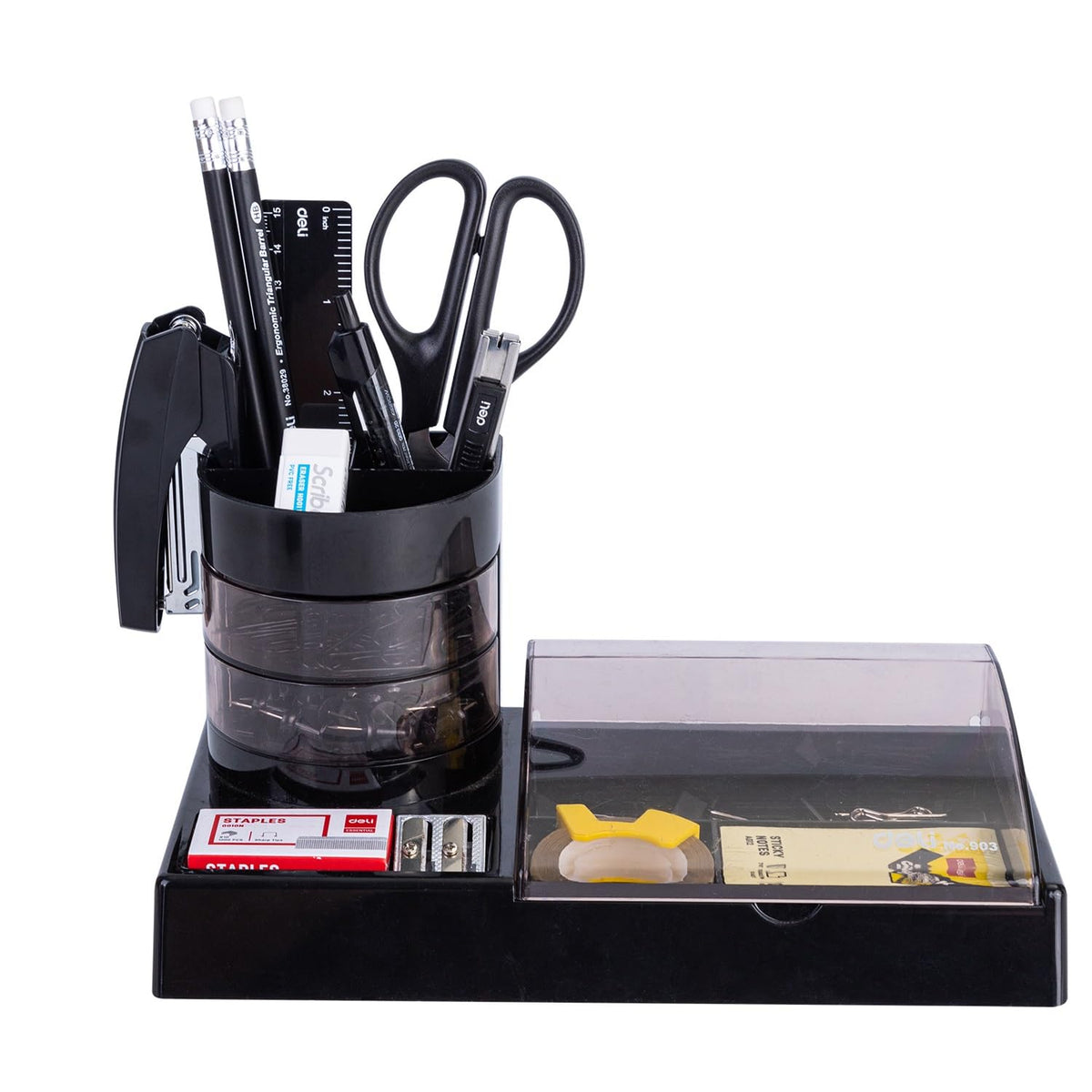 Deli W38254 Rotary Desk Organizer 5 Compartments, Black, Pack of 1 - Color May Vary