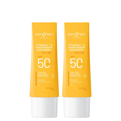 Dot & Key Vitamin C + E Super Bright Sunscreen SPF 50 Combo (Pack of 2, 50gm each) | Water-Light, UVA/UVB & Blue Light Protection | For Even Toned & Glowing Skin | No White Cast, | For All Skin Types