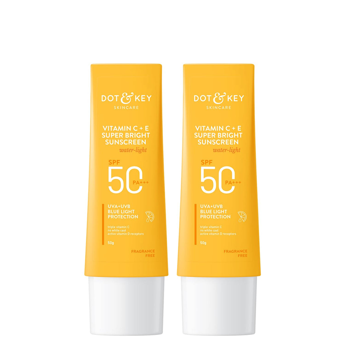 Dot & Key Vitamin C + E Super Bright Sunscreen SPF 50 Combo (Pack of 2, 50gm each) | Water-Light, UVA/UVB & Blue Light Protection | For Even Toned & Glowing Skin | No White Cast, | For All Skin Types
