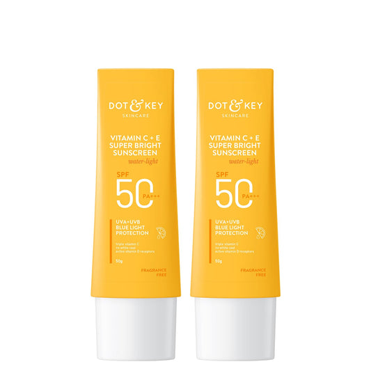 Dot & Key Vitamin C + E Super Bright Sunscreen SPF 50 Combo (Pack of 2, 50gm each) | Water-Light, UVA/UVB & Blue Light Protection | For Even Toned & Glowing Skin | No White Cast, | For All Skin Types