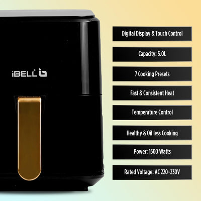iBELL AF500M Air Fryer 5 L, Digital Fryer with 7 Cooking Presets, Full Touch Controls, Smart Rapid Air Technology, Timer Function with Auto off & Fully Adjustable Temperature Settings (Black)