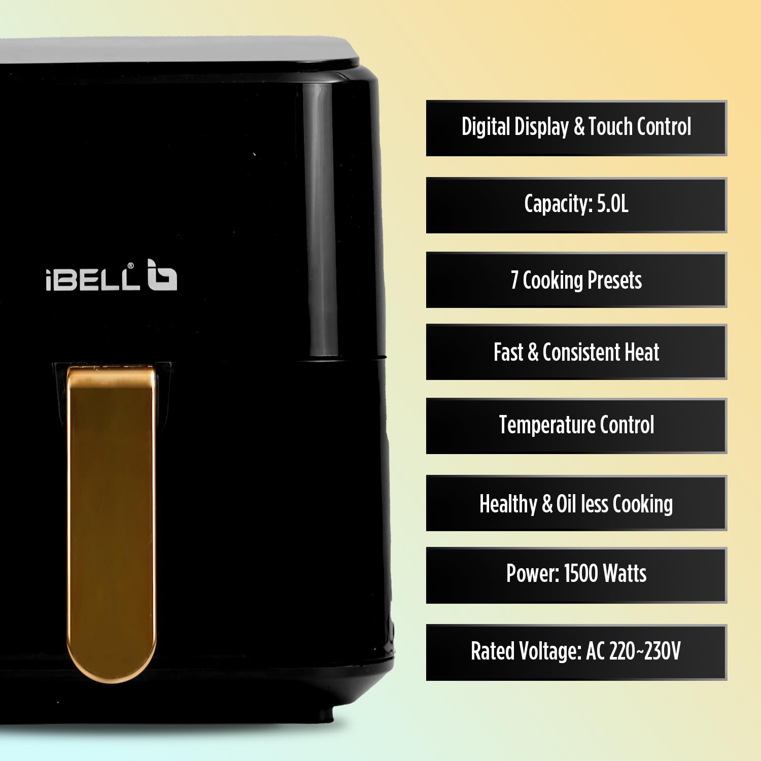 iBELL AF500M Air Fryer 5 L, Digital Fryer with 7 Cooking Presets, Full Touch Controls, Smart Rapid Air Technology, Timer Function with Auto off & Fully Adjustable Temperature Settings (Black)