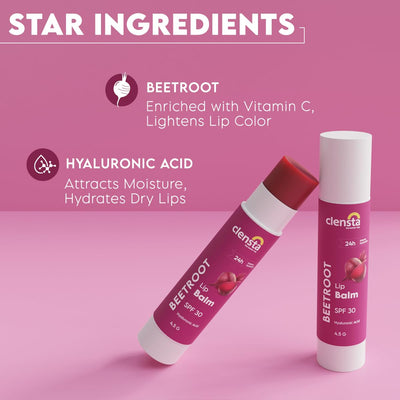 Clensta Beetroot Lip Balm With Hyaluronic Acid Spf 30 With Beetroot & Hyaluronic Acid For Moisture, Hydrates & Lightens Dark Lips For Women & Men 5gm