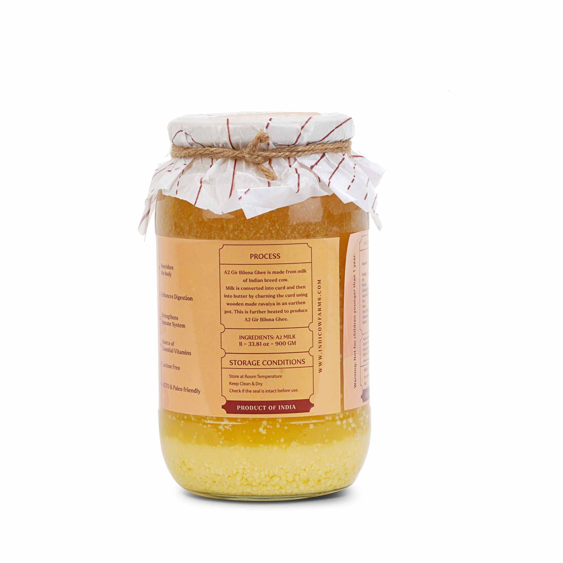 Indicow Organic Dairy Foods Pure Authentic A2 Gir cow Ghee | Bilona Curd-Churned, Cruelty-Free, Ayurvedic| Grass Fed Cows (1000ml(1ltr), Gir) | Glass Packaging